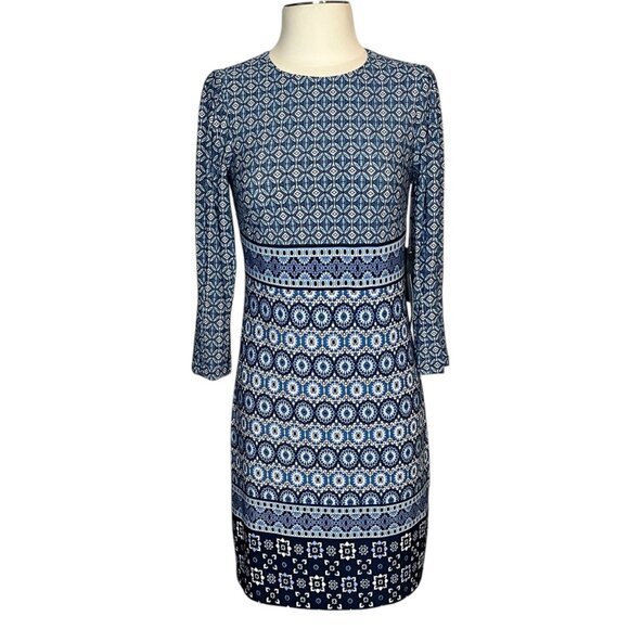 Vince Camuto blue patterned jersey sheath dress with balloon sleeve 2 NWT - Picture 2 of 13
